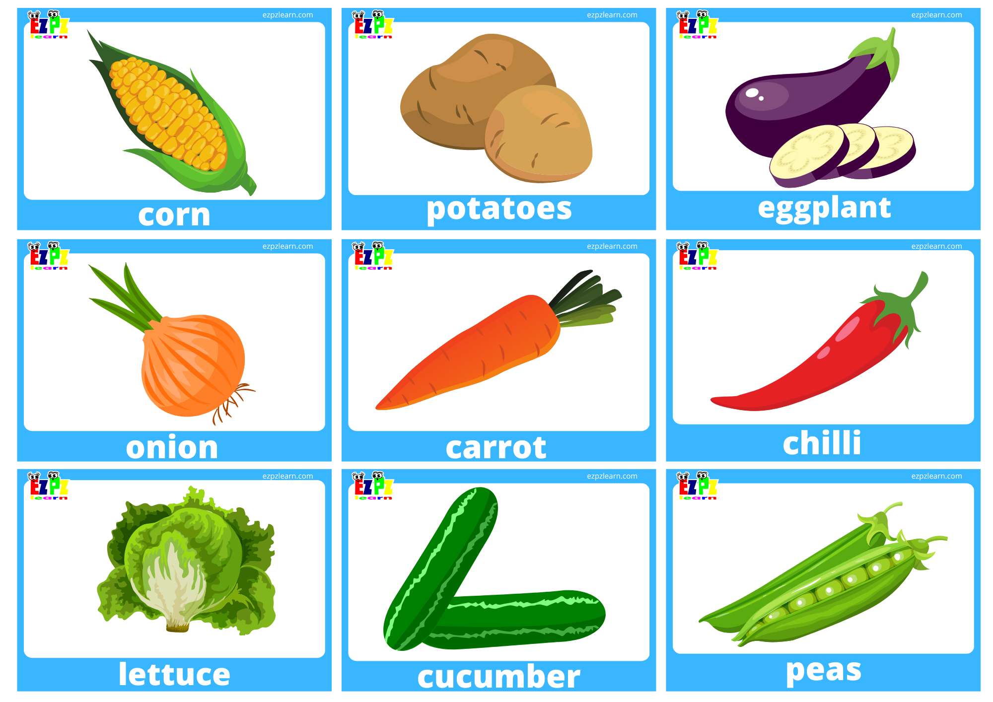 Vegetables Flashcards With Words use online or free PDF download.